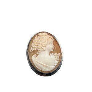 Vintage Sterling Silver Genuine Carved Cameo Shell Pendant Oval Pin Brooch